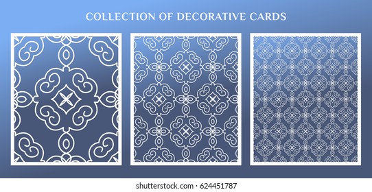 Set of white cards with seamless patterns in islamic, oriental, eastern style with blue gradient background. Collection of vector templates for packaging, fashion, greetings, cover, wedding etc.