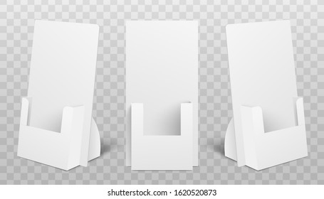 Set of white carton holder boxes for POS and POI materials, realistic mockup vector illustration isolated on white background. Cardboard empty flyers displays template.