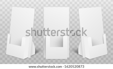 Set of white carton holder boxes for POS and POI materials, realistic mockup vector illustration isolated on white background. Cardboard empty flyers displays template.
