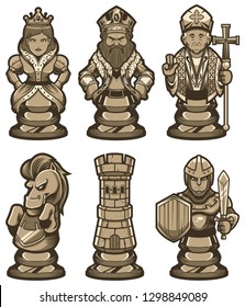 Set of white cartoon chess piece characters or mascots, including pawn, rook, knight, bishop, queen and king. 