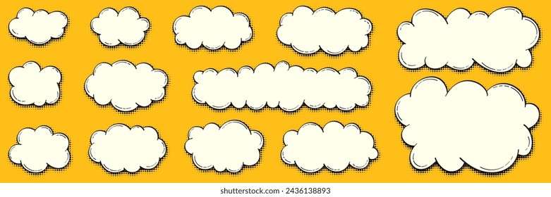 Conjunto de nubes de dibujos animados blancas con sombra de efecto semitono en estilo lineal retro. Garabatos vectoriales con lugar para el texto, dibujado a mano para banners, carteles en estilo cómico.