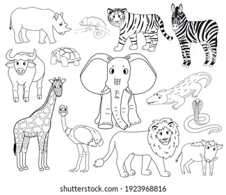 Set of white cartoon isolated outline Savannah animals. Tiger, lion, rhinoceros, common warthog, African buffalo, tortoise, chameleon, zebra, ostrich, elephant, giraffe, crocodile, cobra for children