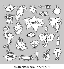 Set of white cartoon patch badges, fashion pin badges, hand drawn vector illustration