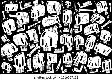 set of white cartoon skulls different proportions game imbalances characters variations fashion cute hipster collection stickers prints