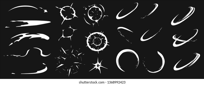 Set of white cartoon vector explosion effect frames. Comic energy blast with smoke, flame ring and shining particles for promo, video or web design. Sparks, trails, bangs, stars, circles for promo