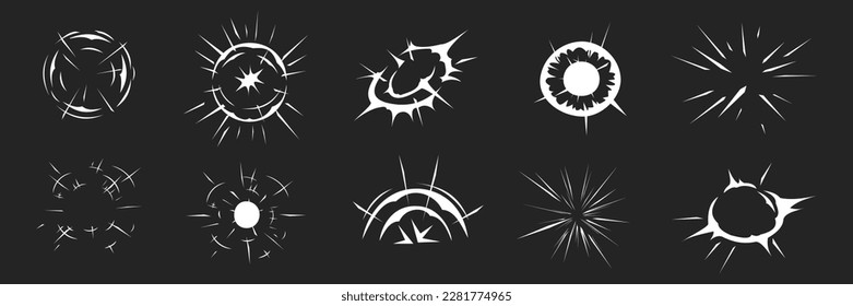 Set of white cartoon vector explosion effect frames. Comic energy blast with smoke, flame ring and shining particles for promo, video or web design. Sparks, trails, bangs, stars, circles for promo.