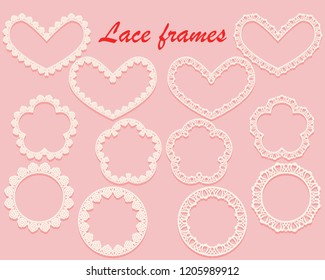 Set of white carved framework of various shapes. Ring, heart and flower of lace. Openwork vintage elements isolated on a pink background. Vector illustration.