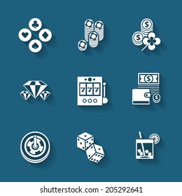 Set of white casino icons. Vector casino stuff in flat style with shadows. 