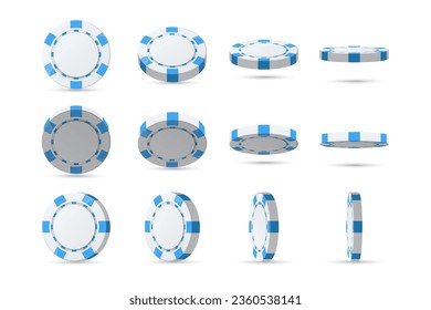 Set of white casino poker chip in different, various position. Collection of diamonds, hearts, clubs, spades tokens. Raise money. Play roulette. Isolated on white background. Vector illustration