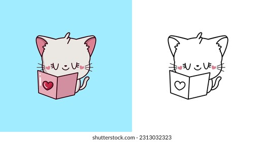 Establezca la página de color de gato blanco y la ilustración de color. Gato Kawaii de Clip Art. Ilustración vectorial de un animal kawaii para páginas coloreadas, impresiones para ropa, pegatinas, ducha para bebés.
