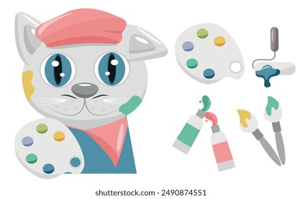 set with a white cat in the image of an artist with a palette, a beret and paints on his face, isolated on white, in a children's style