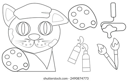 set with a white cat in the image of an artist with a palette, a beret and paints on the face drawn with a contour, in the style of line art