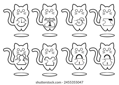 Set von White Cat, Mobile oder Website Vektorgrafik Icon Set; Uhr, Kalender, Einstellung, Dateimanager, Benutzer, Thema, Sperren, Entsperren, isoliert auf weißem Hintergrund