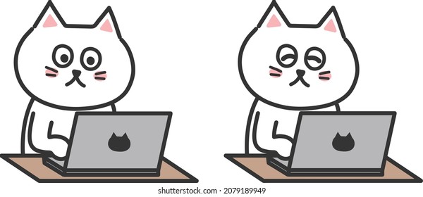 Set Of A White Cat Working With A Laptop Computer. Vector Illustration Isolated On White Background.