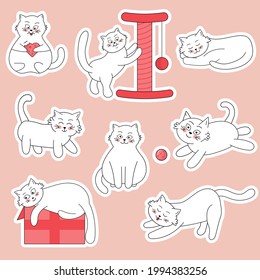 Set of white cats badges, patches, stickers. Comic fat pet  in different poses. 