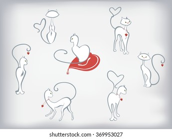 Set of white cats with hearts for Valentine's Day. EPS10 vector illustration. 