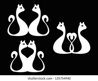 set of white cats on black background