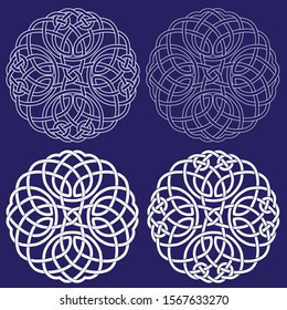 Set of white celtic signs isolated on blue background. Template. Die cut. Stencil. Celtic Symbols. Perfect for post cards oder as decoration for windows or wall. Simple Illustrations.- Vector.  