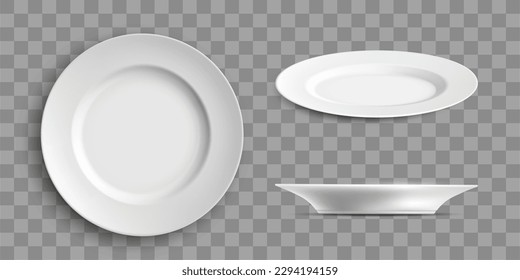 Set of white ceramic plates. Templates are isolated on a transparent background. Vector mockups