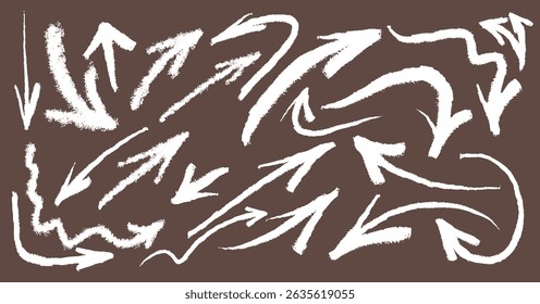 Set of white chalk arrows. Grunge hand drawn charcoal symbols for hand drawn diagrams. Freehand different curved arrows, swirls, crosses, check marks. Template vector doodle marker drawing.