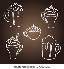 A set of white chalk contours of the hand drawn sweet holiday drinks