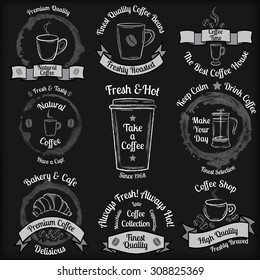 Set of white chalk doodle vintage coffee badges on black chalkboard background vector illustration