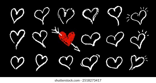 Set of white chalk drawing hearts and one red heart pierced by arrows. Symbols of love shapes silhouettes in marker or paint stroke style. Vector crayon or wax pencil drawing doodle elements