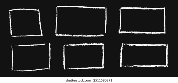 Conjunto de molduras desenhadas à mão de giz branco. Coleção de escrita no quadro preto por crianças formas geométricas retangulares e quadradas. Caixas de texto de contorno de estilo doodle branco vetorial com textura grunge