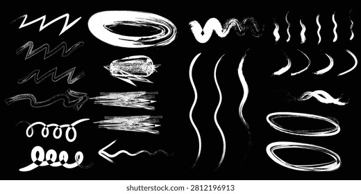 Set of white chalk hand drawn scribbles and textured strokes on blackboard with scribble blackboard abstract creative decoration isolated collection background illustration charcoal artistic