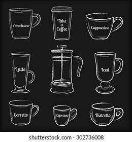 Set of white chalk hand drawn coffee cups and french press on black background vector illustration