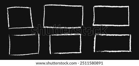 Set of white chalk hand drawn frames. Collection of writing on black board by children rectangular and square geometric shapes. Vector white doodle style outline text boxes with grunge texture
