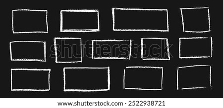 Set of white chalk hand drawn frames. Collection of writing on black board by children rectangular and square geometric shapes. Vector white doodle style outline text boxes with grunge texture