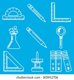 Set of white chalk icons with stationery and school goods. Can be used for back to school design and stationery stores. Modern vector illustration for web stores or mobile apps. Part 3.