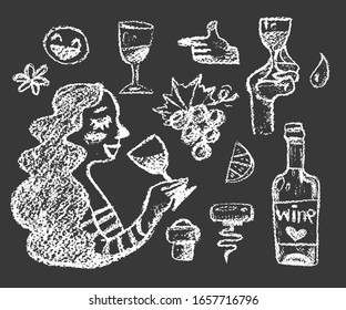 set of white chalk wine doodle illustrations on dark background
