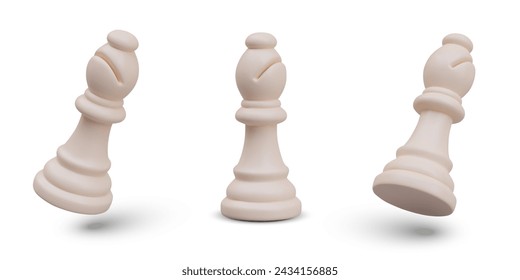 Set of white chess bishops in different positions. Game figure stands, moves, maneuvers, attacks