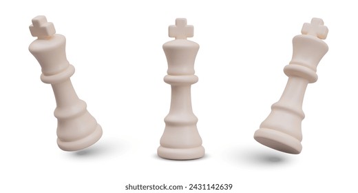 Set of white chess kings in different positions. Main chess piece with shadows