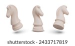 Set of white chess knights, horses. Realistic vector elements in different position