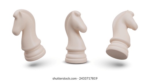 Set of white chess knights, horses. Realistic vector elements in different position