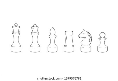 Set Of White Chess Pieces. Chessmen Line Drawing. Vector Illustration For Board Game.