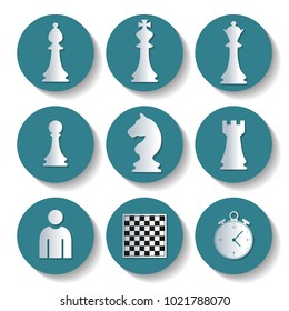 Set of white chess pieces icons in aquamarine circles. Paper art design. Vector illustration