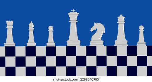 A set of white chess pieces in a row on a chessboard in a trendy style.