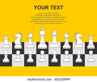 Set of white chess pieces and text on yellow background. Vector illustration. Vector icons.