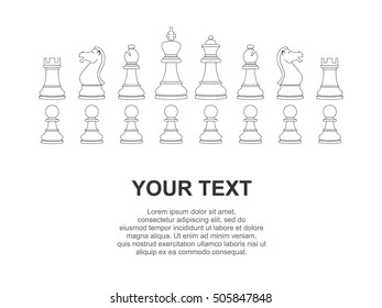 Set of white chess pieces and text on white background. Vector illustration. Vector icons. Line design.