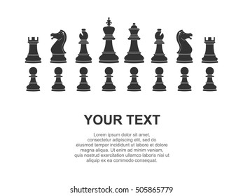 Set of white chess pieces and text on white background with chessboard. Vector illustration. Vector icons.