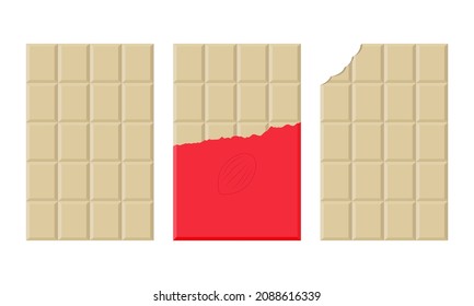 Set of white chocolate bar in an open package on white background. Flat vector illustration