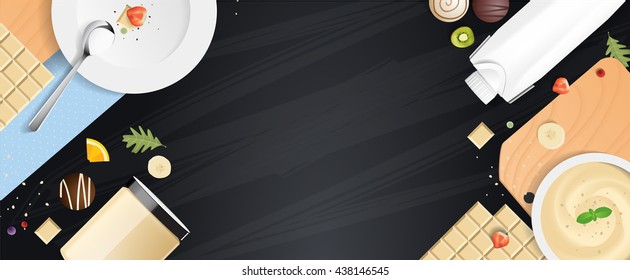set white chocolate food and drink for your design presentation, top view, package template for juice or dairy product, vector design.