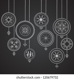 Set of White Christmas Ball Silhouettes on Black Background, Vector Clip-Art Illustration