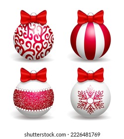 Juego de bolas blancas de Navidad con patrones y arcos rojos. Baudibles realistas sobre fondo blanco. Ilustración vectorial.