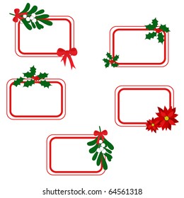 Set of white Christmas cards with holly berry, mistletoe, poinsettia and free space for your text (eps8)