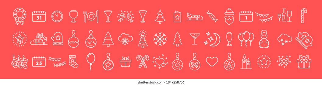 Set of white Christmas icons on a red background. Thin line. Collection of winter icons. Happy New Year.